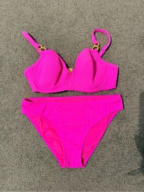 Hot Pink Underwire Bikini Set with Gold Accent